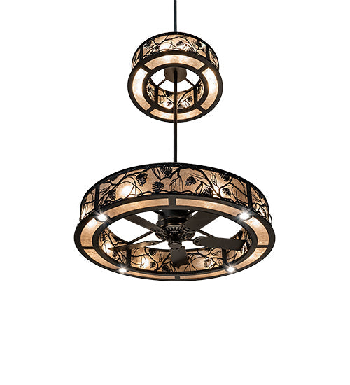 Meyda Lighting Whispering Pines 56" 24-Light Textured Black Chandelier With Silver Mica Shade Glass and Fan