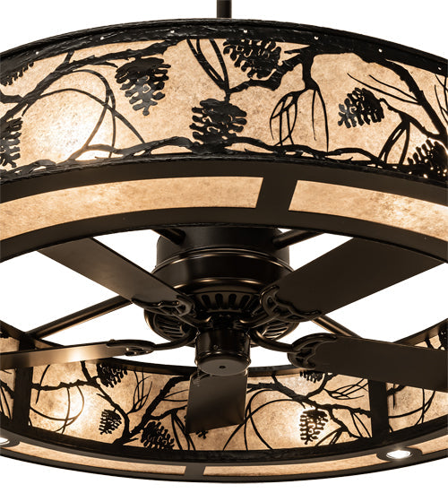 Meyda Lighting Whispering Pines 56" 24-Light Textured Black Chandelier With Silver Mica Shade Glass and Fan