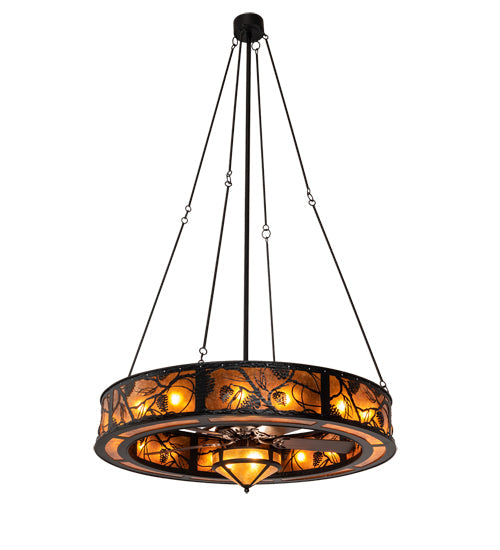 Meyda Lighting Whispering Pines 57" 16-Light Textured Black Chandelier With Black & Amber Mica Shade Glass and Fan