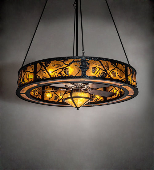 Meyda Lighting Whispering Pines 57" 16-Light Textured Black Chandelier With Black & Amber Mica Shade Glass and Fan