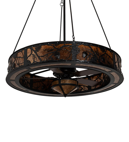 Meyda Lighting Whispering Pines 57" 16-Light Textured Black Chandelier With Black & Amber Mica Shade Glass and Fan