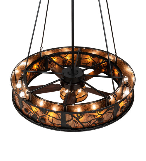Meyda Lighting Whispering Pines 57" 16-Light Textured Black Chandelier With Black & Amber Mica Shade Glass and Fan