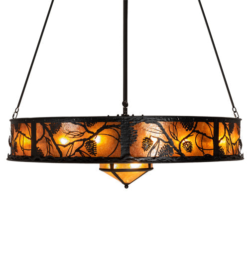 Meyda Lighting Whispering Pines 57" 16-Light Textured Black Chandelier With Black & Amber Mica Shade Glass and Fan