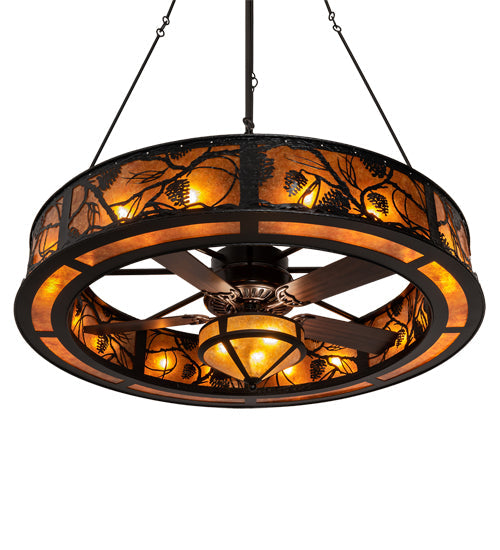Meyda Lighting Whispering Pines 57" 16-Light Textured Black Chandelier With Black & Amber Mica Shade Glass and Fan