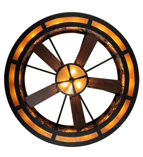 Meyda Lighting Whispering Pines 57" 16-Light Textured Black Chandelier With Black & Amber Mica Shade Glass and Fan