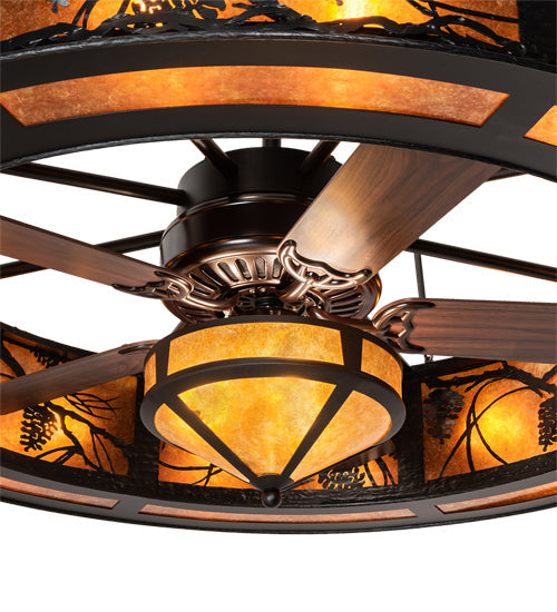 Meyda Lighting Whispering Pines 57" 16-Light Textured Black Chandelier With Black & Amber Mica Shade Glass and Fan
