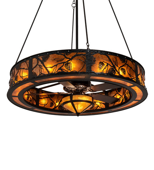Meyda Lighting Whispering Pines 57" 16-Light Textured Black Chandelier With Black & Amber Mica Shade Glass and Fan