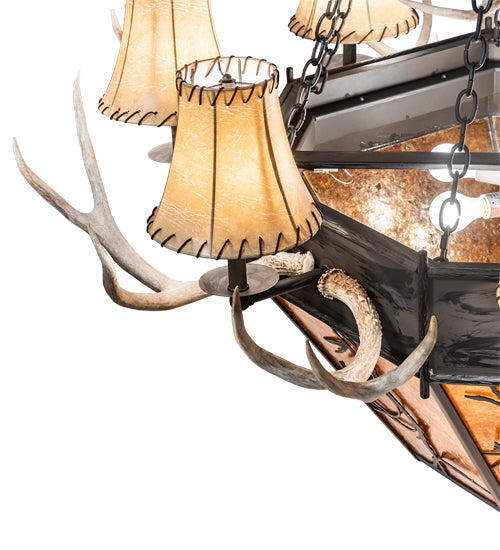 Meyda Lighting Whispering Pines 60" 16-Light Costello Black Antler Chandelier With Amber Mica & Faux Leather Shade