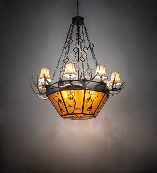 Meyda Lighting Whispering Pines 60" 16-Light Costello Black Antler Chandelier With Amber Mica & Faux Leather Shade