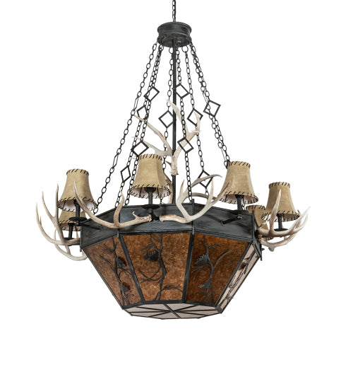 Meyda Lighting Whispering Pines 60" 16-Light Costello Black Antler Chandelier With Amber Mica & Faux Leather Shade