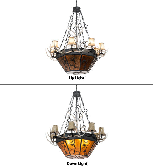 Meyda Lighting Whispering Pines 60" 16-Light Costello Black Antler Chandelier With Amber Mica & Faux Leather Shade