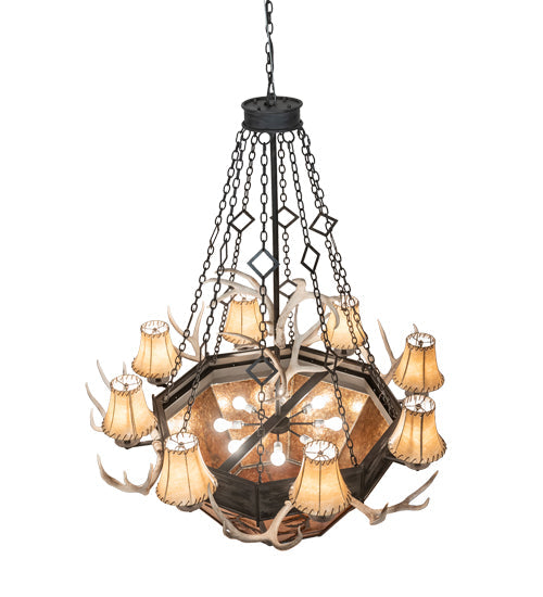 Meyda Lighting Whispering Pines 60" 16-Light Costello Black Antler Chandelier With Amber Mica & Faux Leather Shade