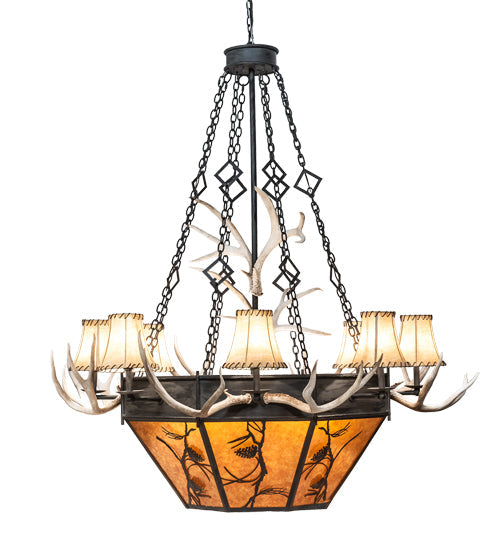 Meyda Lighting Whispering Pines 60" 16-Light Costello Black Antler Chandelier With Amber Mica & Faux Leather Shade