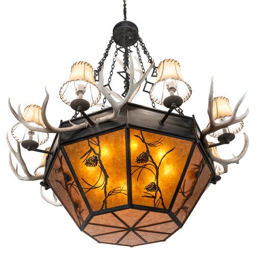 Meyda Lighting Whispering Pines 60" 16-Light Costello Black Antler Chandelier With Amber Mica & Faux Leather Shade
