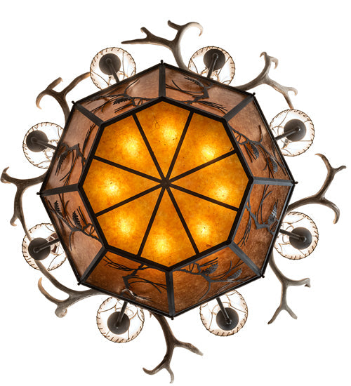 Meyda Lighting Whispering Pines 60" 16-Light Costello Black Antler Chandelier With Amber Mica & Faux Leather Shade