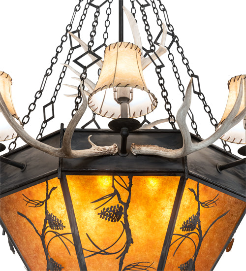 Meyda Lighting Whispering Pines 60" 16-Light Costello Black Antler Chandelier With Amber Mica & Faux Leather Shade