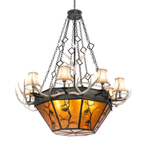 Meyda Lighting Whispering Pines 60" 16-Light Costello Black Antler Chandelier With Amber Mica & Faux Leather Shade