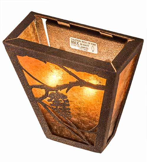 Meyda Lighting Whispering Pines 7" 2-Light Rust Rococco Wall Sconce With Amber Mica Shade Glass