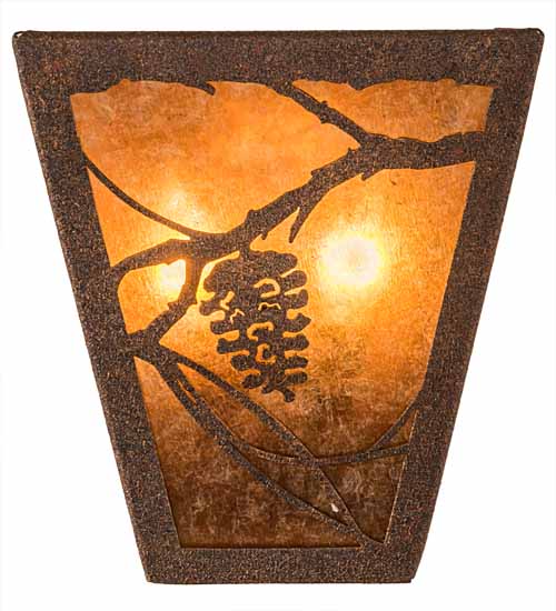 Meyda Lighting Whispering Pines 7" 2-Light Rust Rococco Wall Sconce With Amber Mica Shade Glass