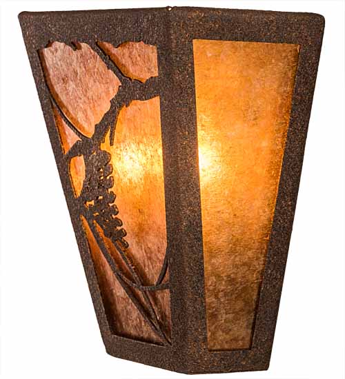 Meyda Lighting Whispering Pines 7" 2-Light Rust Rococco Wall Sconce With Amber Mica Shade Glass
