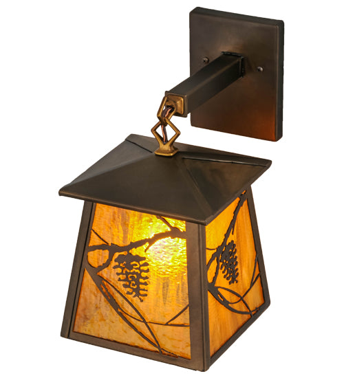 Meyda Lighting Whispering Pines 7" Antique Copper Hanging Wall Sconce With Honey Amber Art Shade Glass