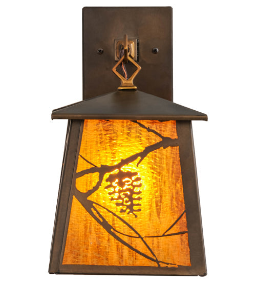 Meyda Lighting Whispering Pines 7" Antique Copper Hanging Wall Sconce With Honey Amber Art Shade Glass