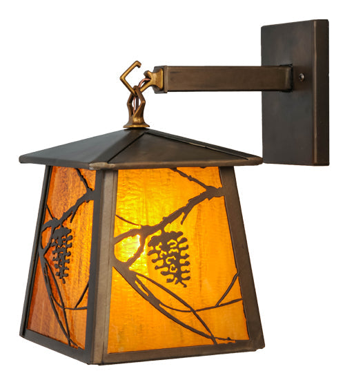 Meyda Lighting Whispering Pines 7" Antique Copper Hanging Wall Sconce With Honey Amber Art Shade Glass