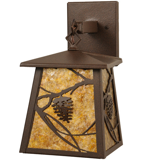 Meyda Lighting Whispering Pines 7" Cafe Noir Lantern Wall Sconce With Amber Mica Shade Glass
