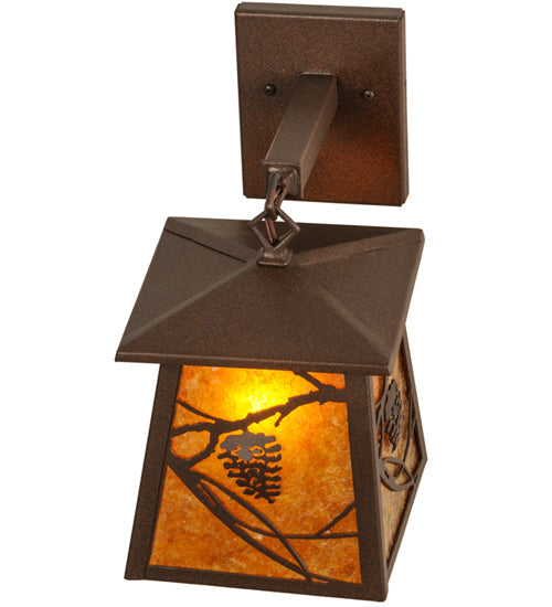 Meyda Lighting Whispering Pines 7" Cafe Noir Lantern Wall Sconce With Amber Mica Shade Glass