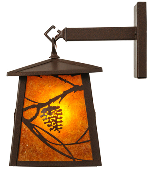 Meyda Lighting Whispering Pines 7" Cafe Noir Lantern Wall Sconce With Amber Mica Shade Glass