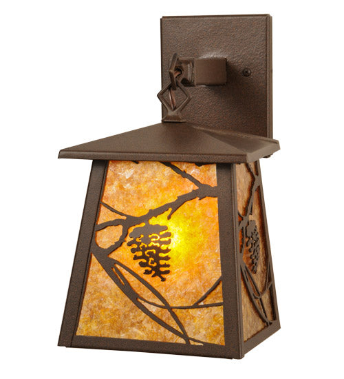 Meyda Lighting Whispering Pines 7" Cafe Noir Lantern Wall Sconce With Amber Mica Shade Glass