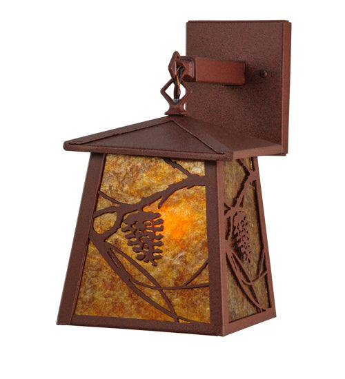 Meyda Lighting Whispering Pines 7" Rust Lantern Wall Sconce With Amber Mica Shade Glass