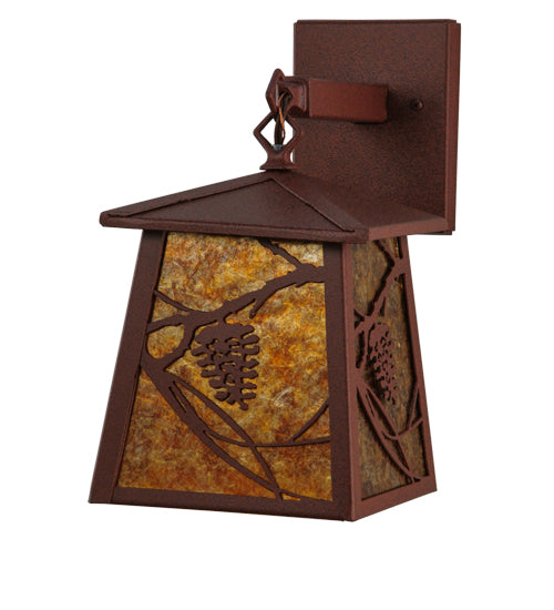Meyda Lighting Whispering Pines 7" Rust Lantern Wall Sconce With Amber Mica Shade Glass