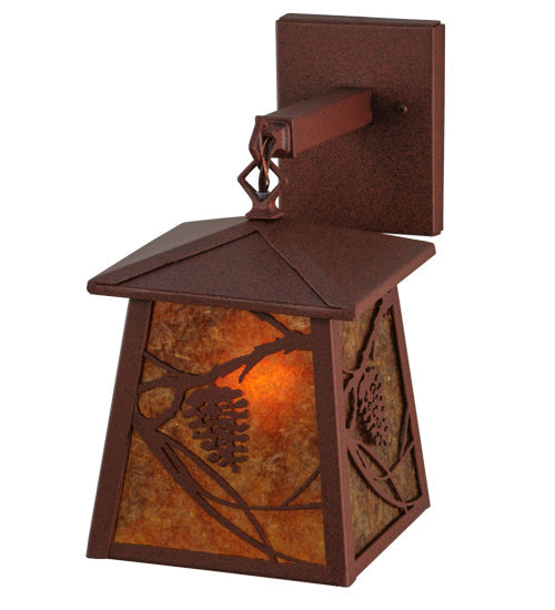 Meyda Lighting Whispering Pines 7" Rust Lantern Wall Sconce With Amber Mica Shade Glass