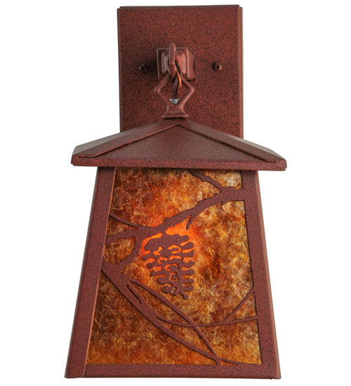 Meyda Lighting Whispering Pines 7" Rust Lantern Wall Sconce With Amber Mica Shade Glass