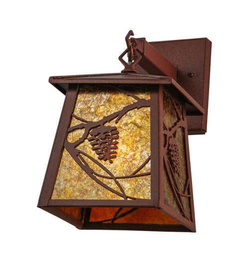 Meyda Lighting Whispering Pines 7" Rust Lantern Wall Sconce With Amber Mica Shade Glass