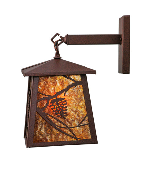 Meyda Lighting Whispering Pines 7" Rust Lantern Wall Sconce With Amber Mica Shade Glass