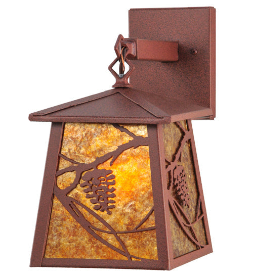 Meyda Lighting Whispering Pines 7" Rust Lantern Wall Sconce With Amber Mica Shade Glass