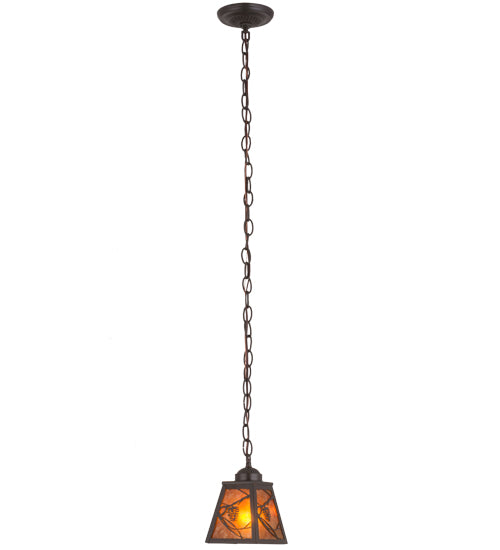 Meyda Lighting Whispering Pines 7" Timeless Bronze Pendant Light With Amber Mica Shade Glass