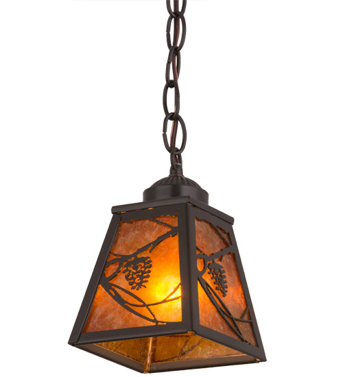 Meyda Lighting Whispering Pines 7" Timeless Bronze Pendant Light With Amber Mica Shade Glass