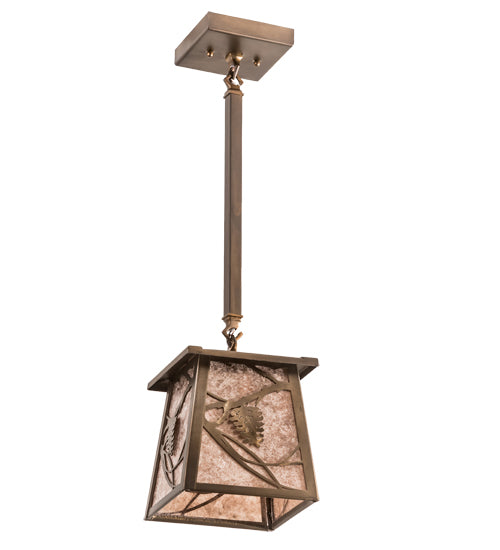 Meyda Lighting Whispering Pines 7"Sq Antique Copper Pendant Light With Silver Mica Shade Glass