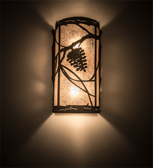 Meyda Lighting Whispering Pines 8" 2-Light Distressed Chestnut Left Wall Sconce With Silver Mica Shade Glass