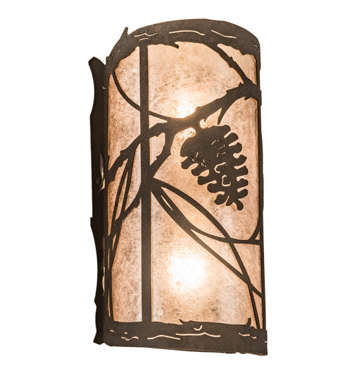 Meyda Lighting Whispering Pines 8" 2-Light Distressed Chestnut Left Wall Sconce With Silver Mica Shade Glass