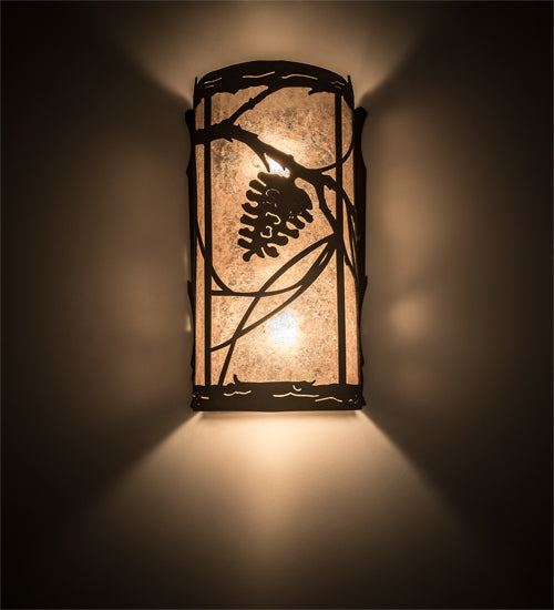 Meyda Lighting Whispering Pines 8" 2-Light Distressed Chestnut Right Wall Sconce With Silver Mica Shade Glass