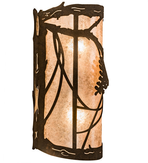 Meyda Lighting Whispering Pines 8" 2-Light Distressed Chestnut Right Wall Sconce With Silver Mica Shade Glass
