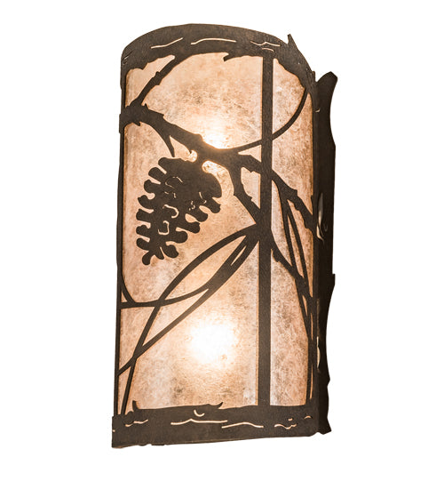Meyda Lighting Whispering Pines 8" 2-Light Distressed Chestnut Right Wall Sconce With Silver Mica Shade Glass