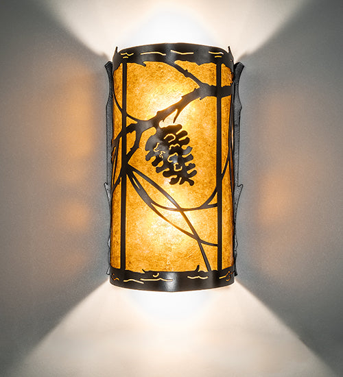 Meyda Lighting Whispering Pines 8" 2-Light Exterior Oil Rubbed Bronze Left Wall Sconce With Amber Mica Shade Glass
