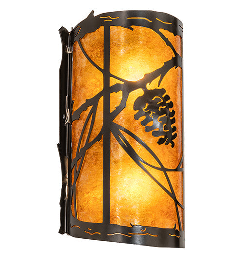 Meyda Lighting Whispering Pines 8" 2-Light Exterior Oil Rubbed Bronze Left Wall Sconce With Amber Mica Shade Glass