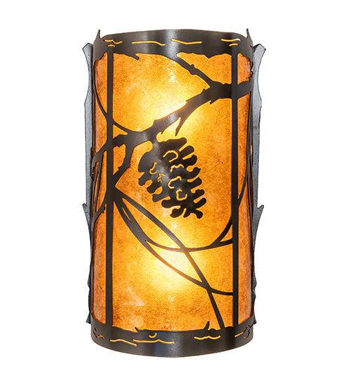 Meyda Lighting Whispering Pines 8" 2-Light Exterior Oil Rubbed Bronze Left Wall Sconce With Amber Mica Shade Glass