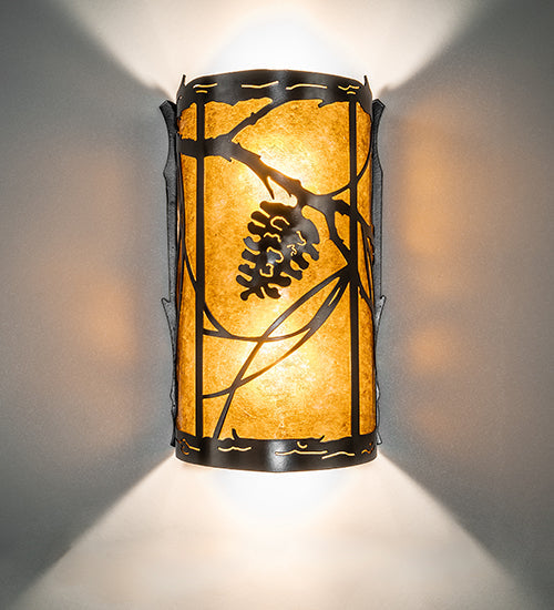 Meyda Lighting Whispering Pines 8" 2-Light Exterior Oil Rubbed Bronze Right Wall Sconce With Amber Mica Shade Glass